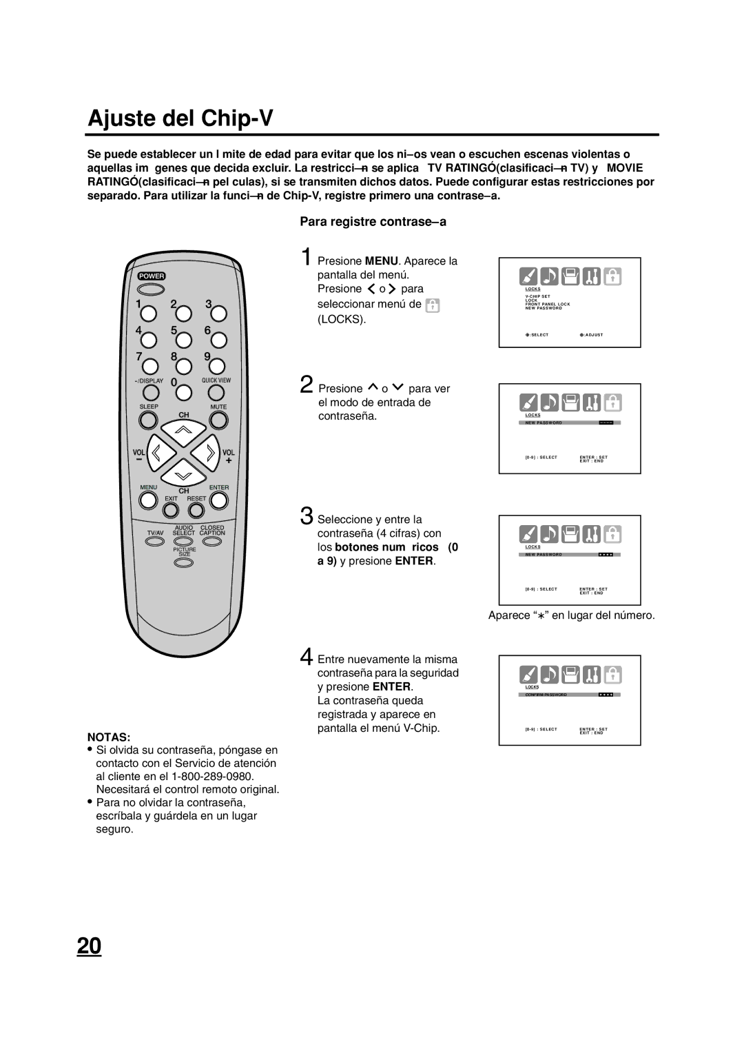 ILO DTV2784 owner manual Ajuste del Chip-V, Para registre contraseña, Aparece en lugar del número 