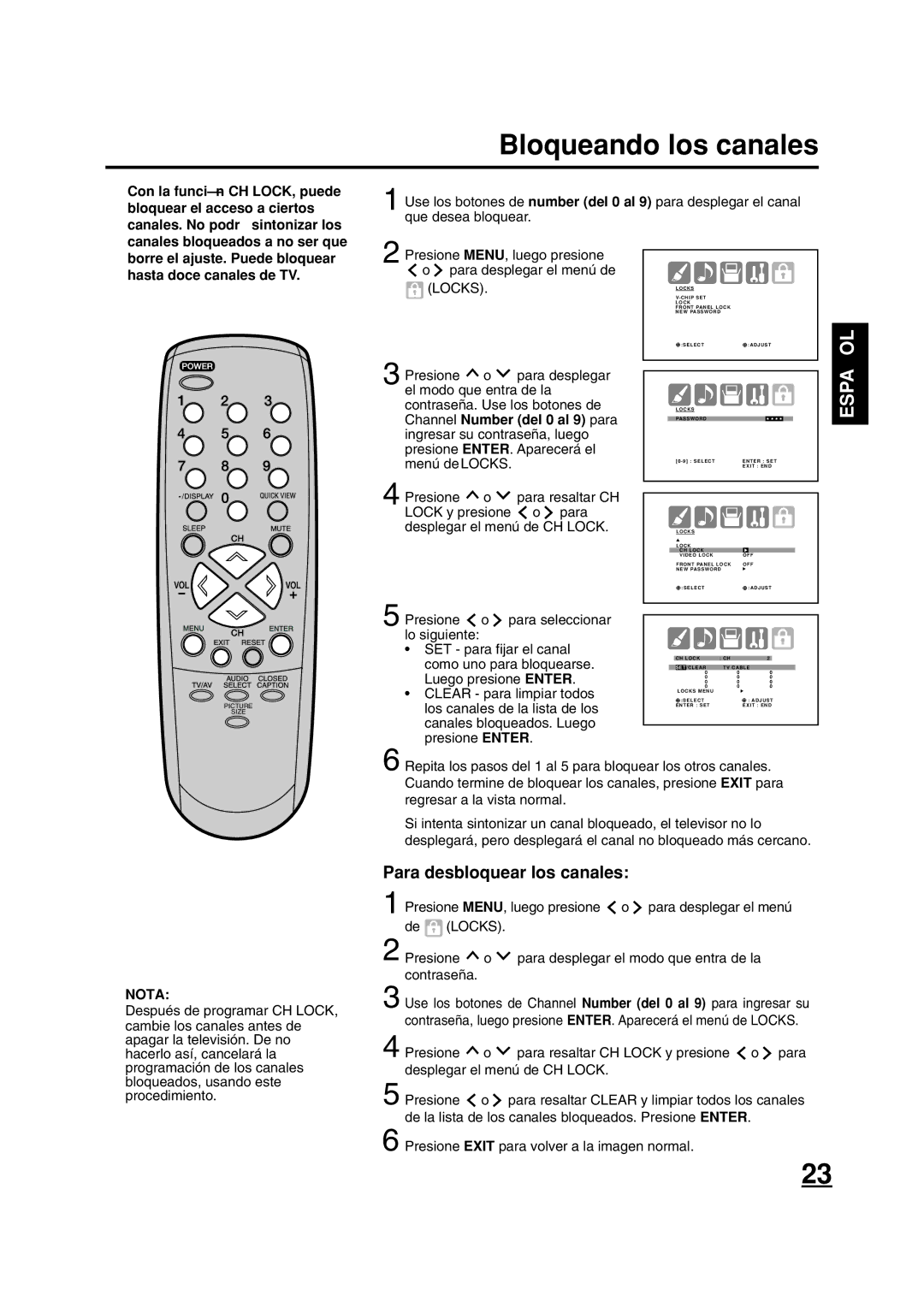 ILO DTV2784 owner manual Bloqueando los canales, Presione MENU, luego presione Para desplegar el menú de, Locks 