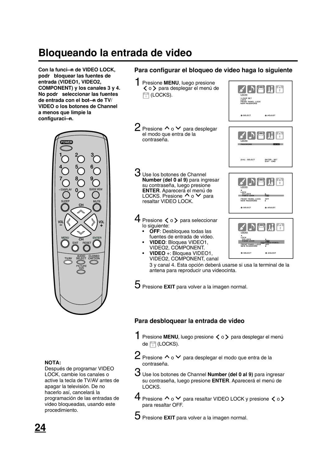 ILO DTV2784 Bloqueando la entrada de video, Presione Para desplegar El modo que entra de la Contraseña, VIDEO2, Component 