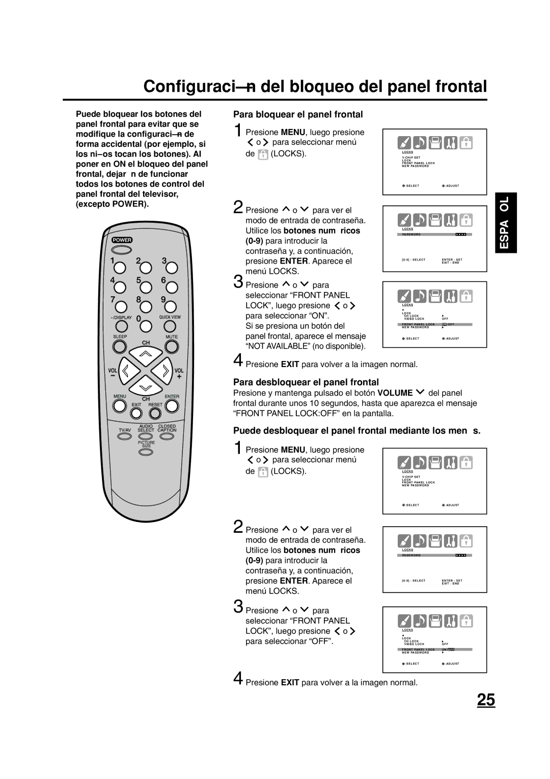 ILO DTV2784 Configuración del bloqueo del panel frontal, Para bloquear el panel frontal, Para desbloquear el panel frontal 