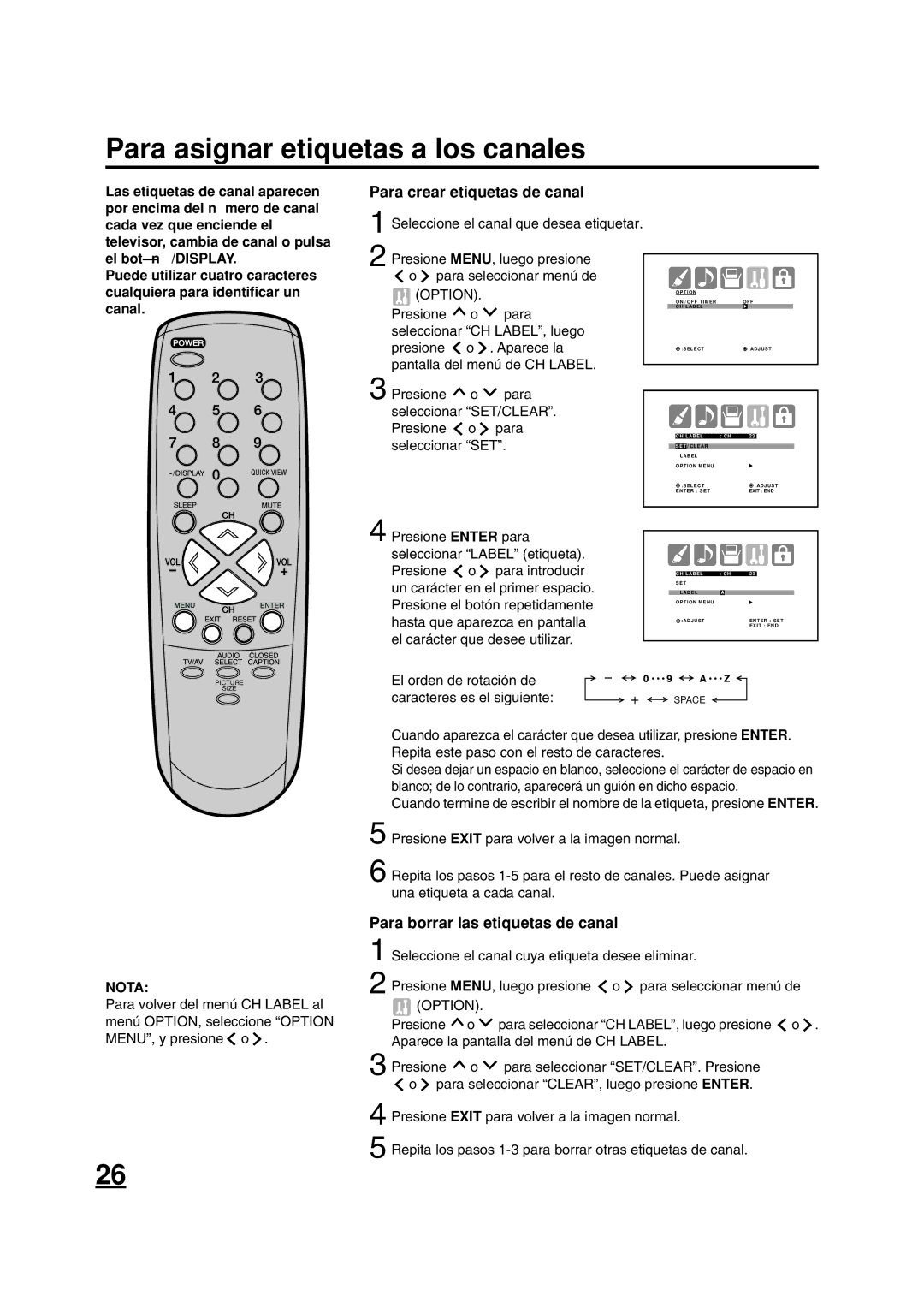 ILO DTV2784 Para asignar etiquetas a los canales, Para crear etiquetas de canal, Para borrar las etiquetas de canal 