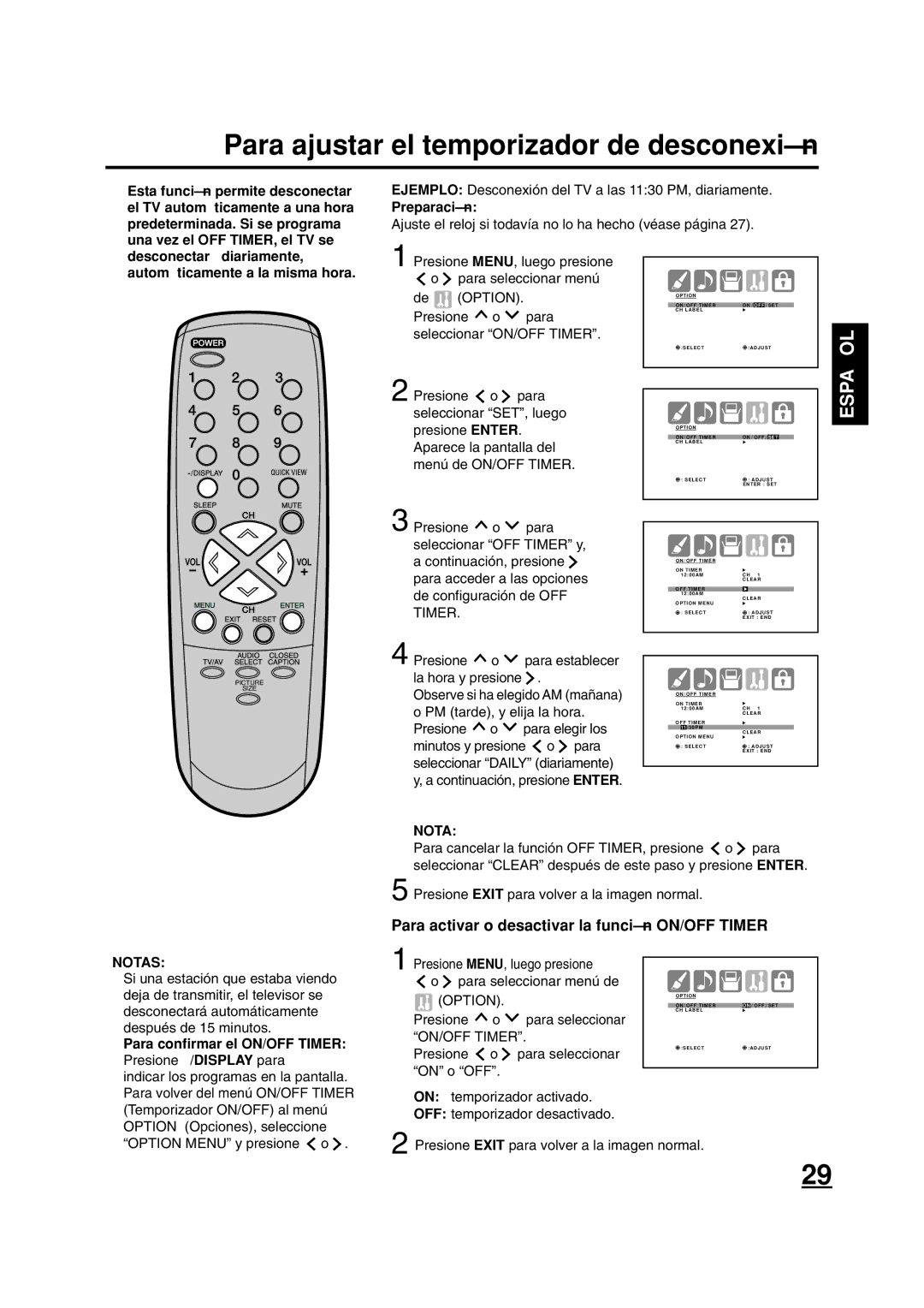 ILO DTV2784 owner manual Para ajustar el temporizador de desconexión, Para activar o desactivar la función ON/OFF Timer 