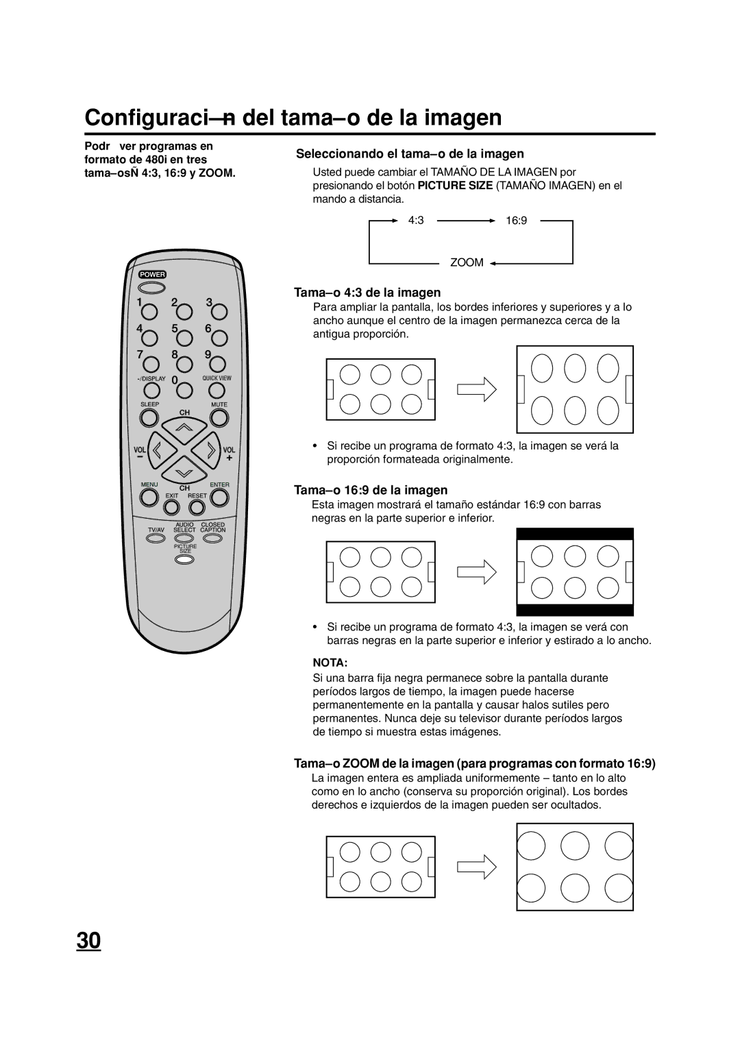 ILO DTV2784 Configuración del tamaño de la imagen, Seleccionando el tamaño de la imagen, Tamaño 43 de la imagen 