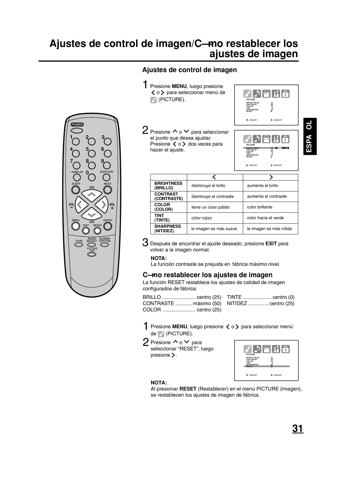 ILO DTV2784 owner manual Presione Para Seleccionar RESET, luego 