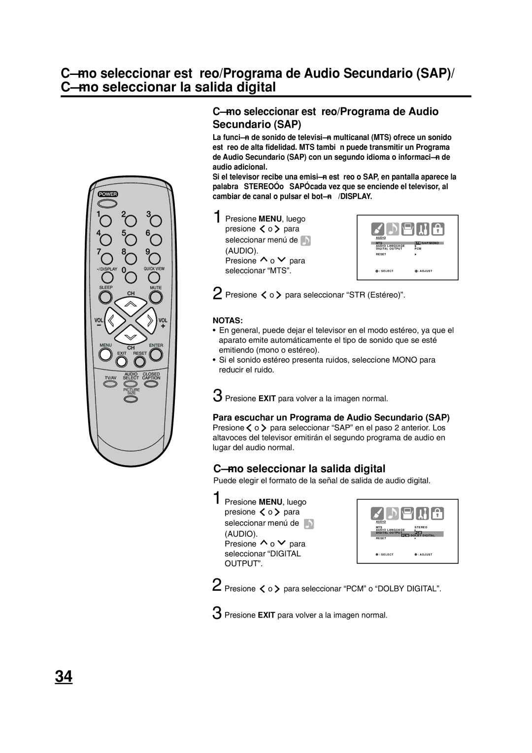 ILO DTV2784 owner manual Para escuchar un Programa de Audio Secundario SAP, Presione o para seleccionar STR Estéreo 