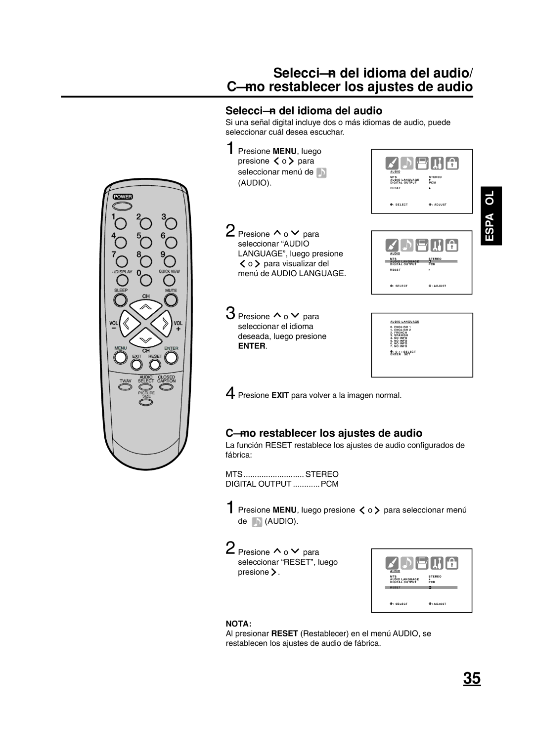 ILO DTV2784 owner manual Selección del idioma del audio, Presione MENU, luego Presione o para Seleccionar menú de 