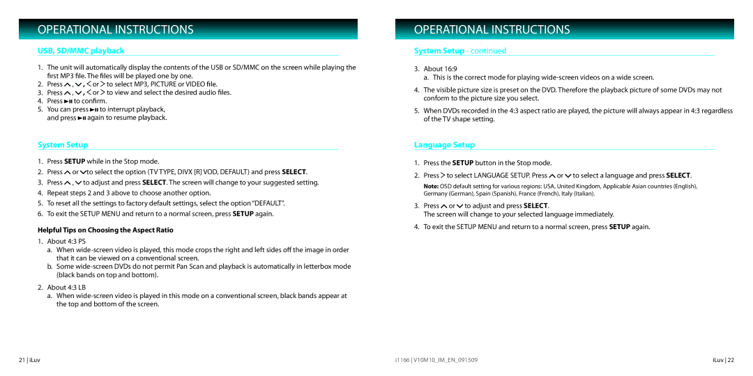 Iluv 021611, i1166 USB, SD/MMC playback, System Setup, Language Setup, Helpful Tips on Choosing the Aspect Ratio 