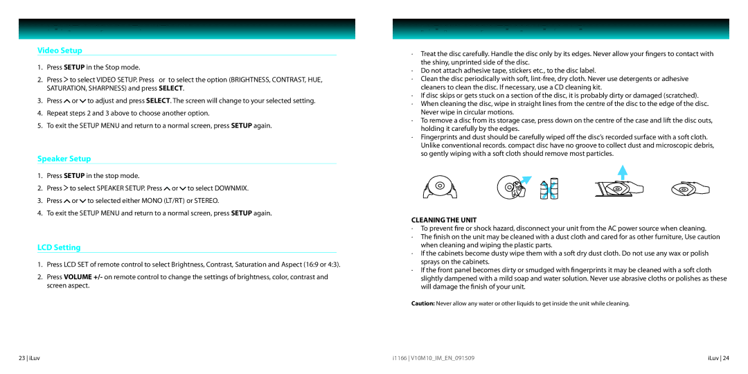 Iluv i1166, 021611 instruction manual Care and Maintenance Guide, Video Setup, Speaker Setup, LCD Setting 