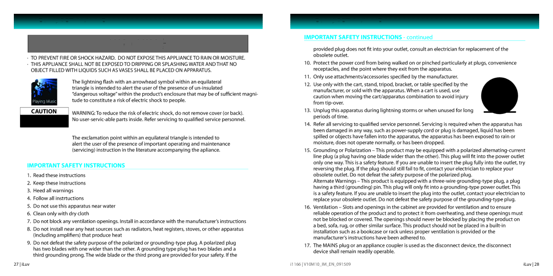 Iluv i1166, 021611 instruction manual User Safety Guide, Important Safety Instructions 