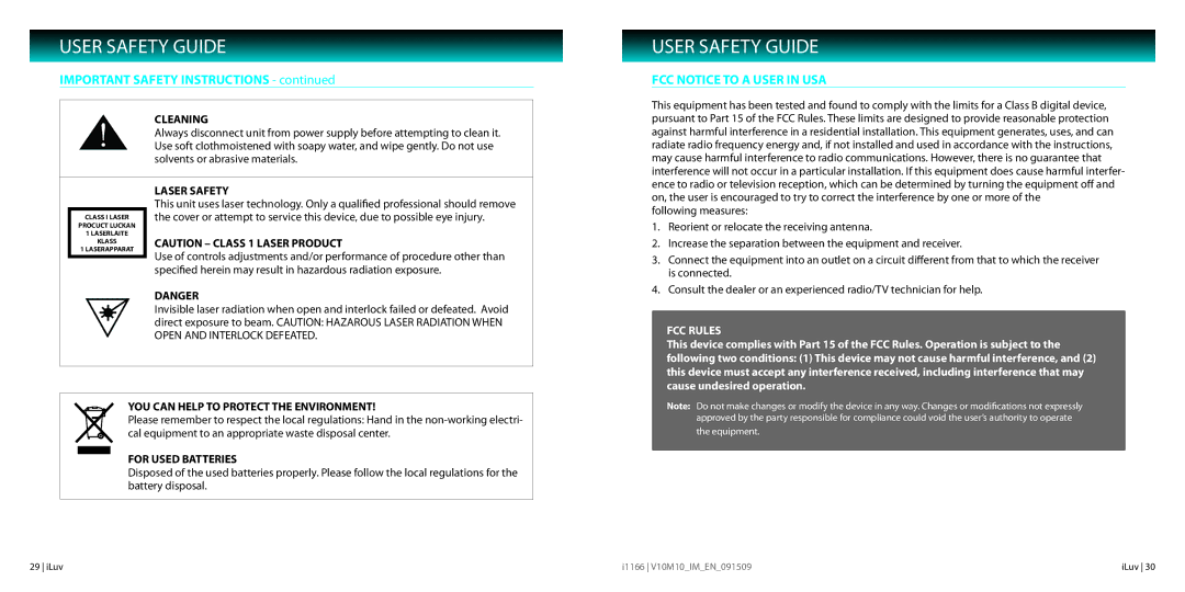 Iluv 021611, i1166 instruction manual FCC Notice to a User in USA, Is connected 