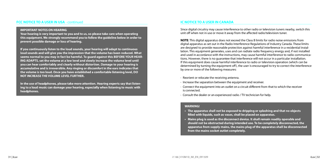 Iluv i1166, 021611 instruction manual FCC Notice to a User in USA, IC Notice to a User in Canada 