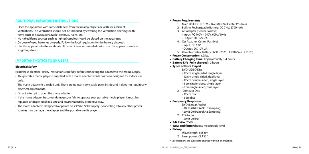 Iluv 021611, i1166 instruction manual Specifications, Additional Important Instructions, Important notice to UK users 