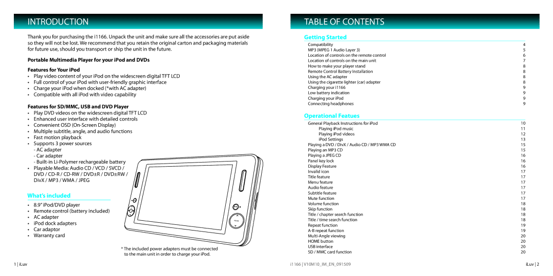 Iluv 021611, i1166 instruction manual Introduction, Table of Contents 