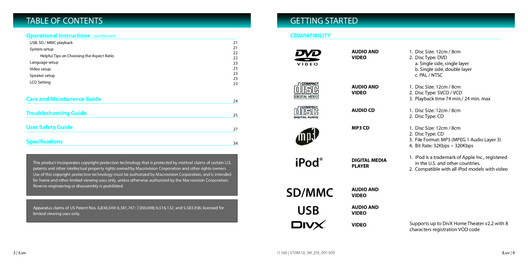 Iluv i1166, 021611 instruction manual Getting Started, Operational Instructions, Compatibility 