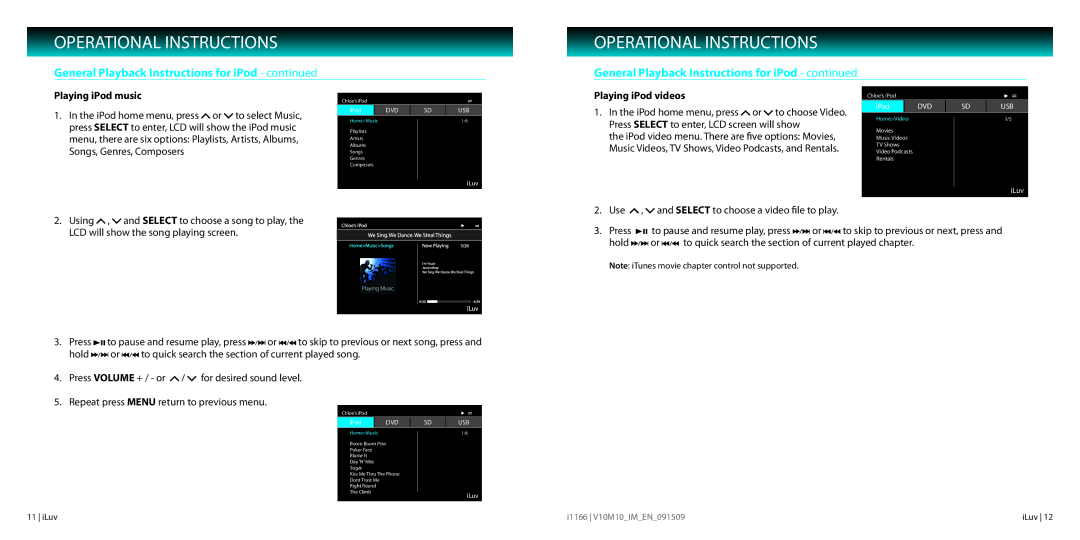 Iluv i1166, 021611 instruction manual Playing iPod music, Playing iPod videos 