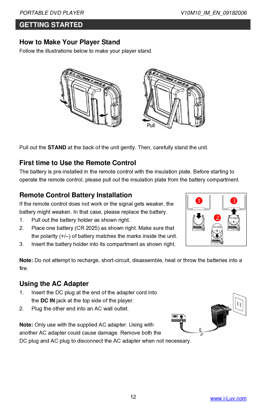 Iluv i1055 How to Make Your Player Stand, First time to Use the Remote Control, Remote Control Battery Installation 