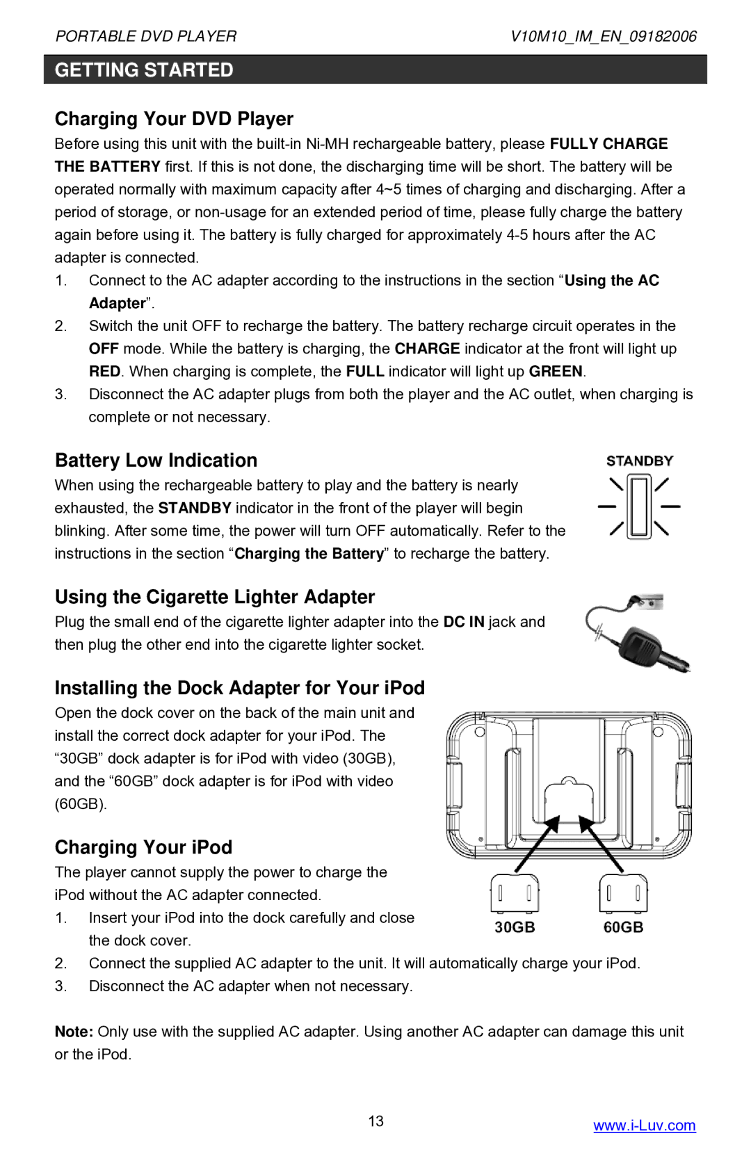 Iluv i1055 Charging Your DVD Player, Battery Low Indication, Using the Cigarette Lighter Adapter, Charging Your iPod 