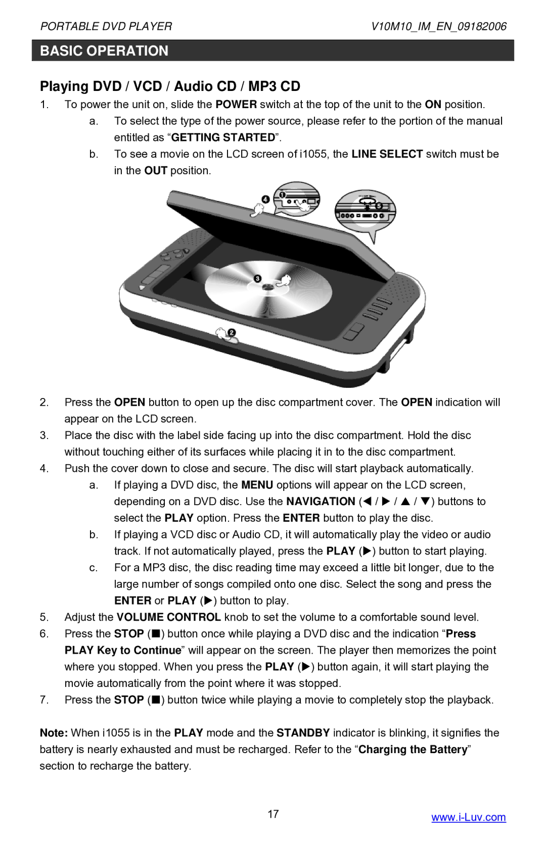 Iluv i1055 instruction manual Playing DVD / VCD / Audio CD / MP3 CD 