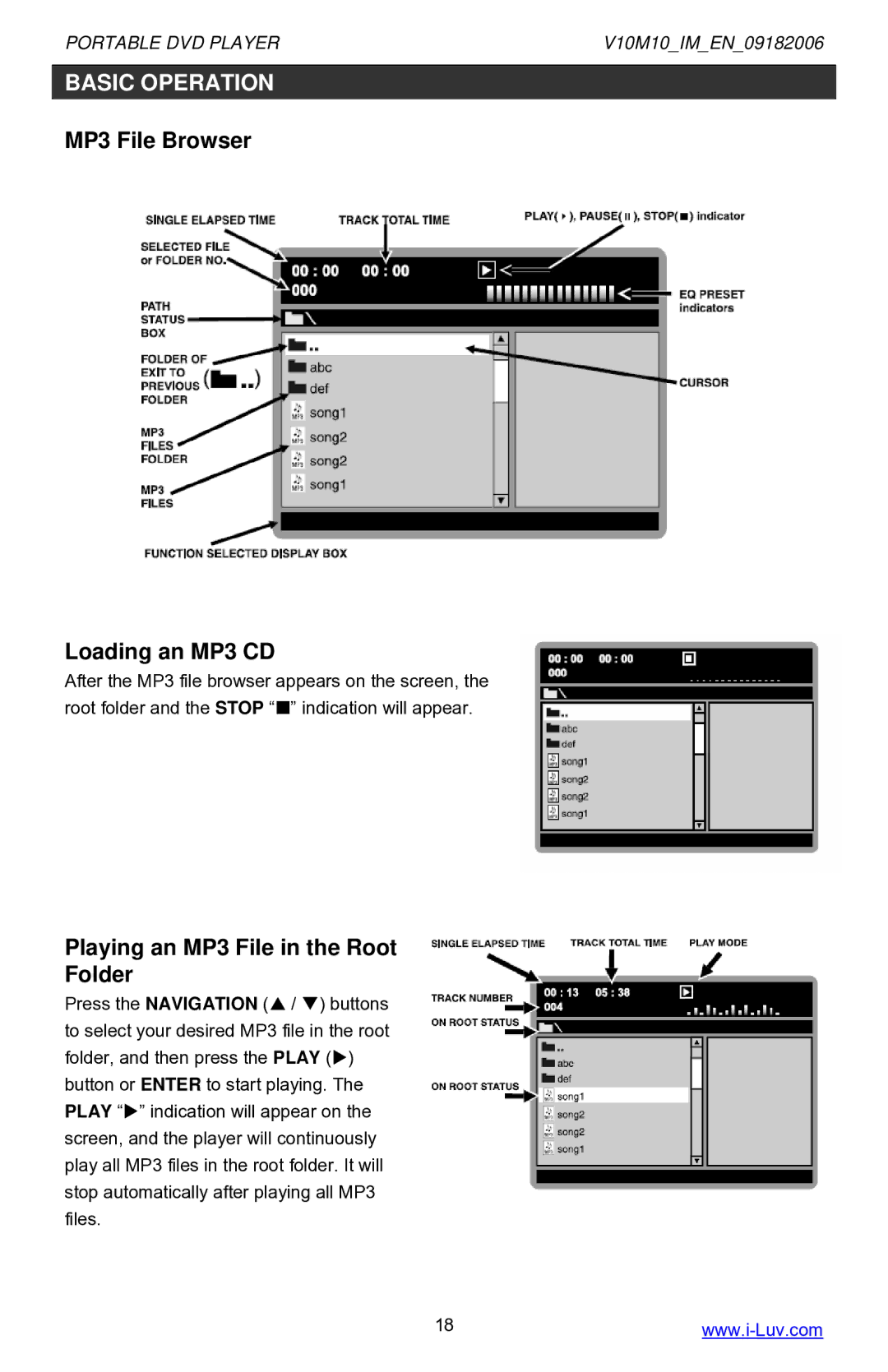 Iluv i1055 instruction manual MP3 File Browser Loading an MP3 CD, Playing an MP3 File in the Root Folder 