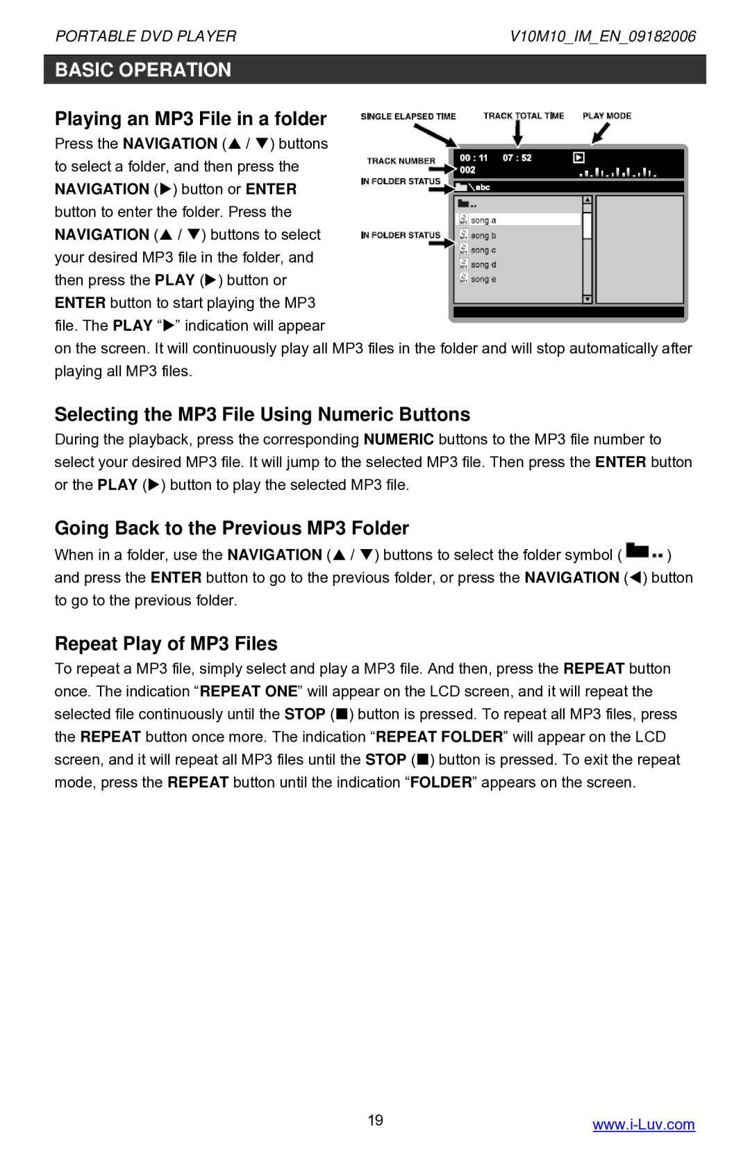 Iluv i1055 Playing an MP3 File in a folder, Selecting the MP3 File Using Numeric Buttons, Repeat Play of MP3 Files 