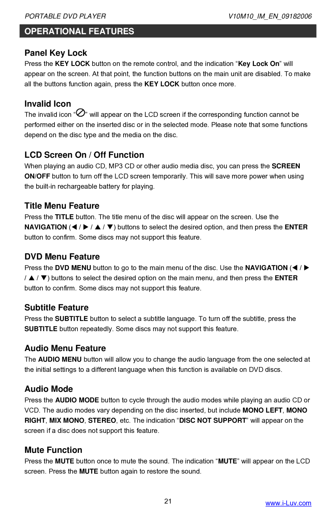 Iluv i1055 instruction manual Operational Features 