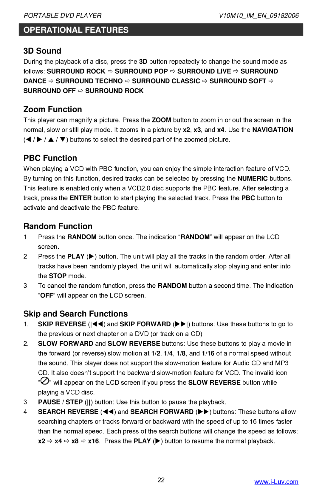 Iluv i1055 instruction manual 3D Sound, Zoom Function, PBC Function, Random Function, Skip and Search Functions 