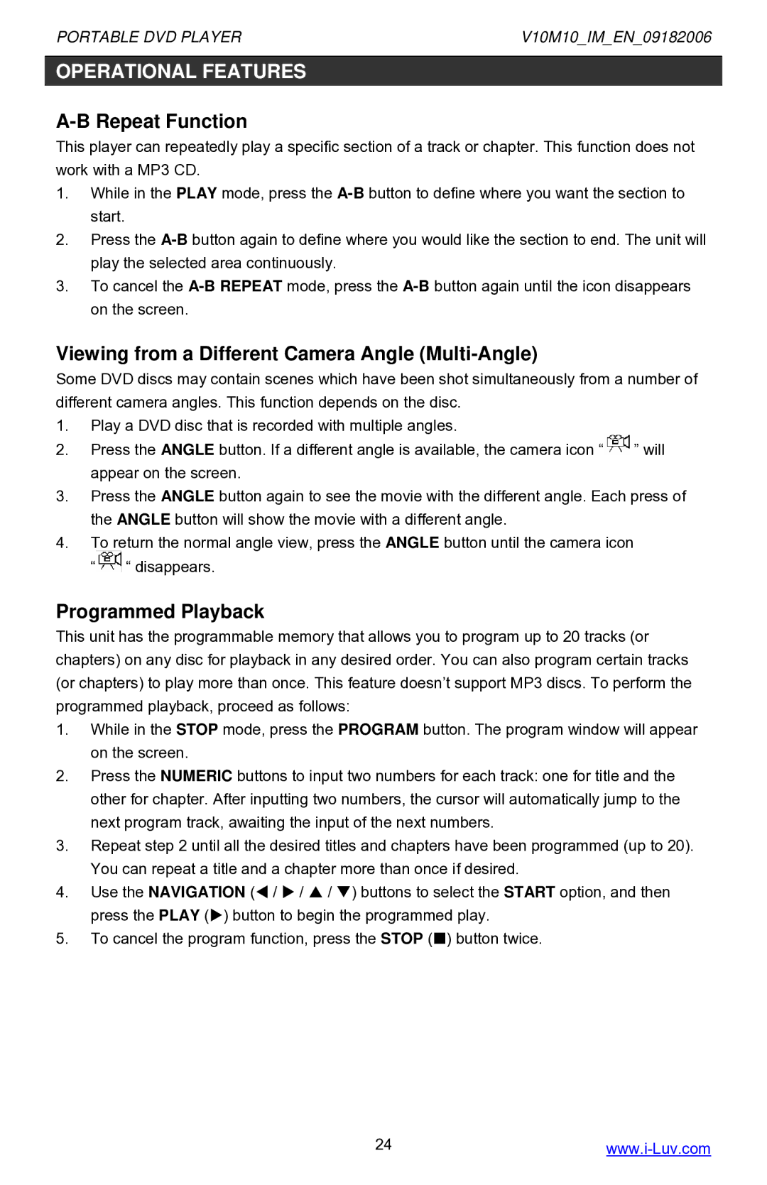 Iluv i1055 instruction manual Viewing from a Different Camera Angle Multi-Angle, Programmed Playback 