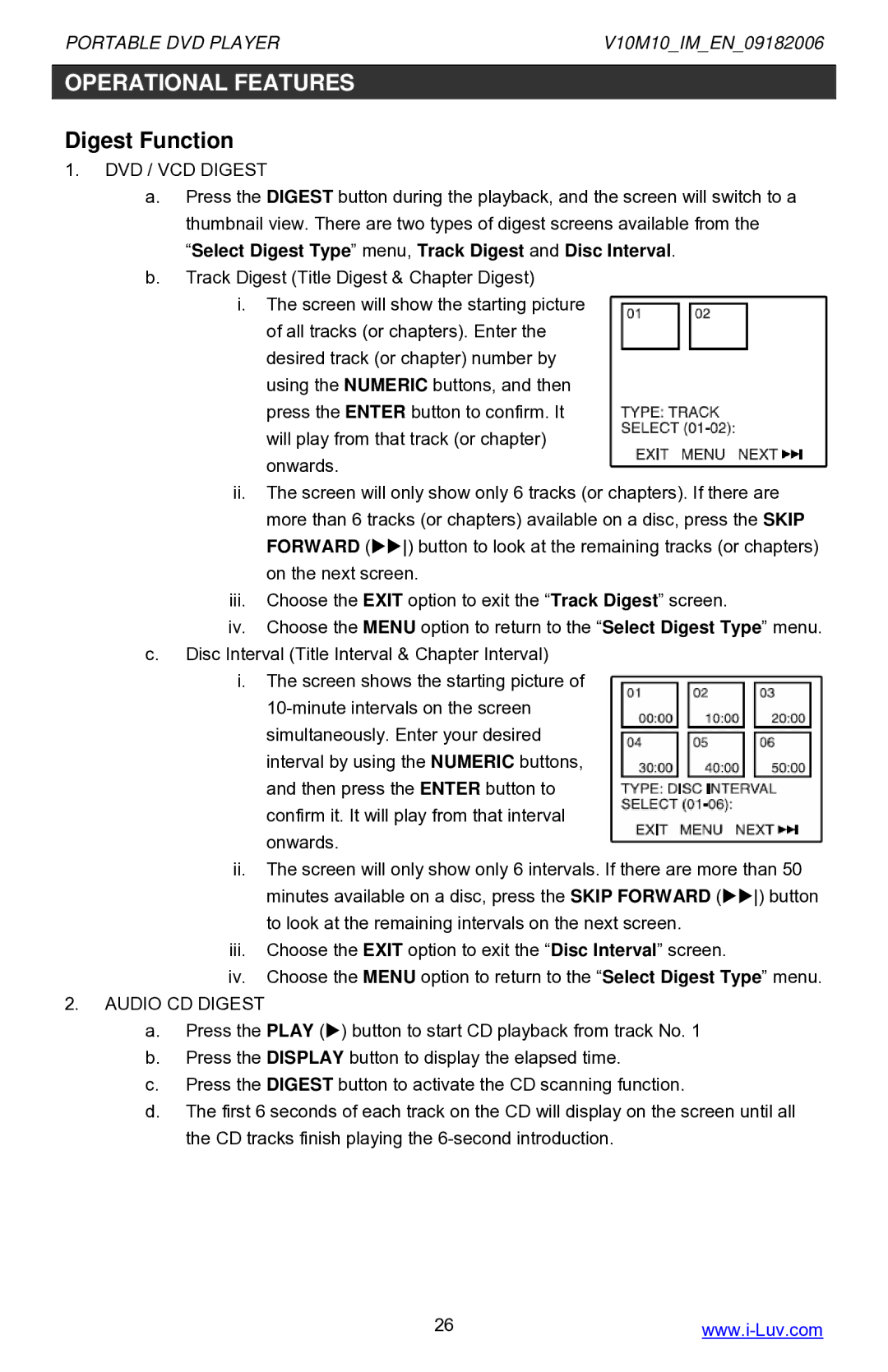 Iluv i1055 instruction manual Digest Function, DVD / VCD Digest 