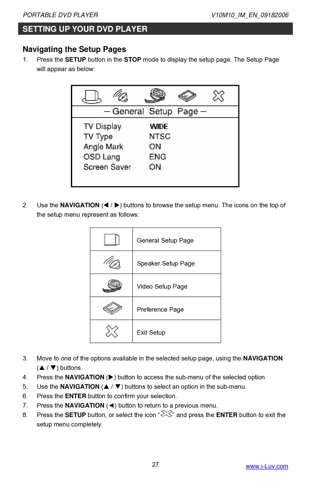 Iluv i1055 instruction manual Setting UP Your DVD Player, Navigating the Setup Pages 