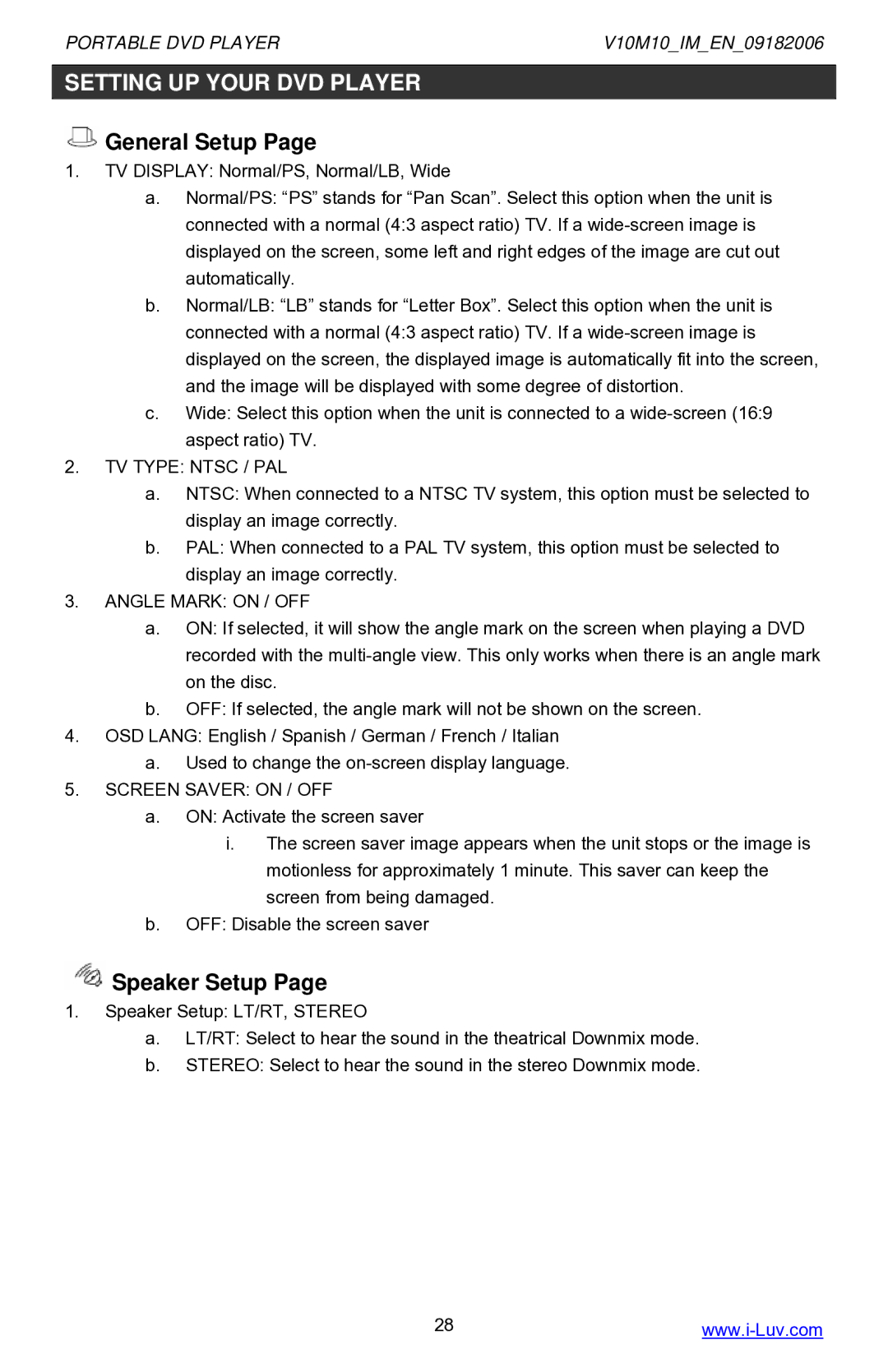 Iluv i1055 instruction manual General Setup, Speaker Setup 