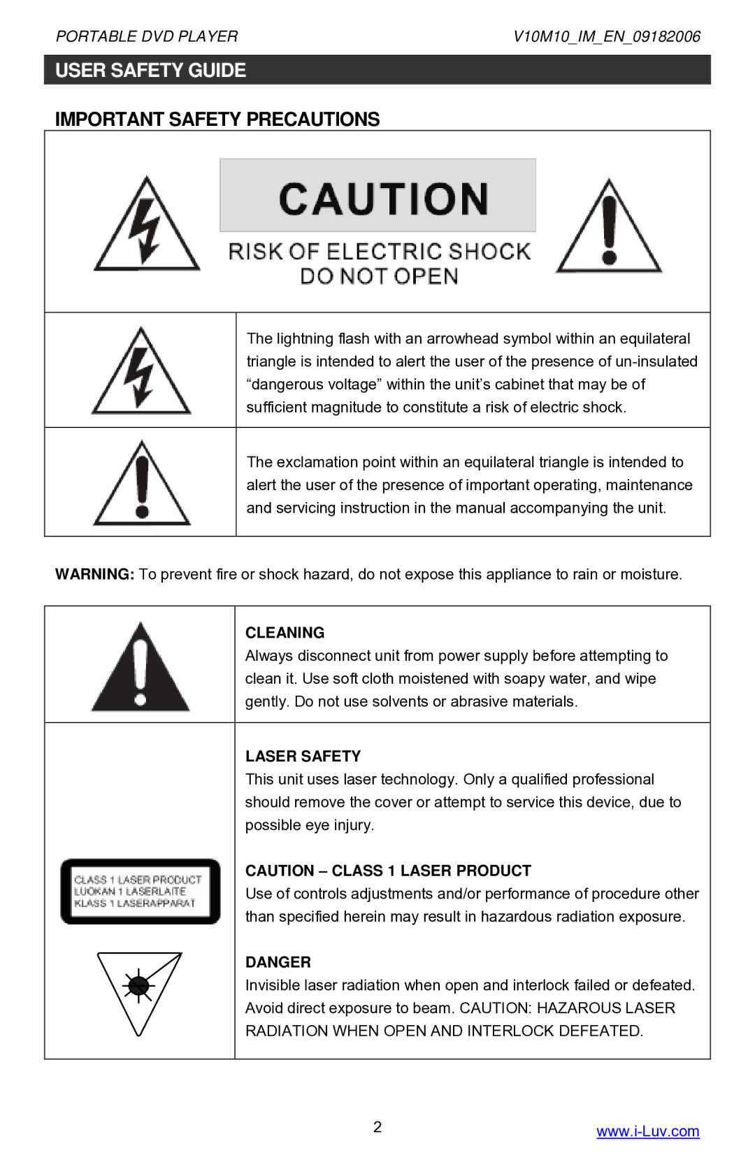 Iluv i1055 instruction manual User Safety Guide, Cleaning, Laser Safety 