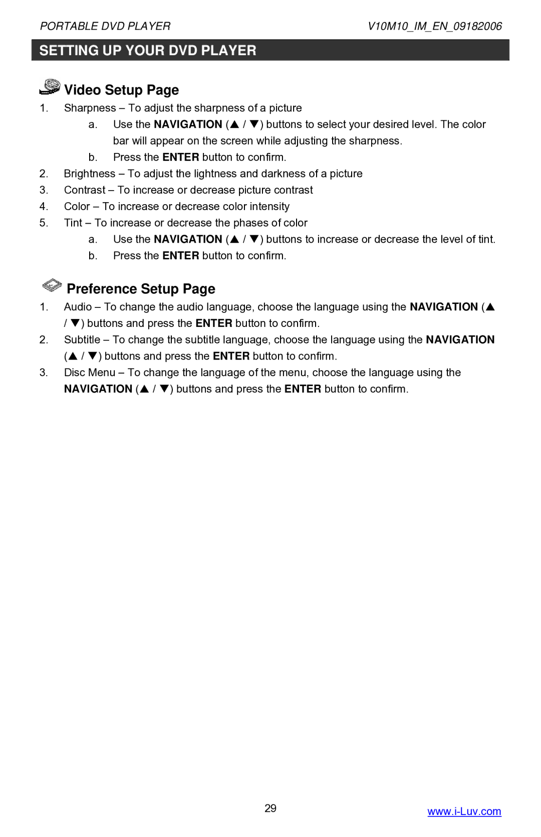 Iluv i1055 instruction manual Video Setup, Preference Setup 