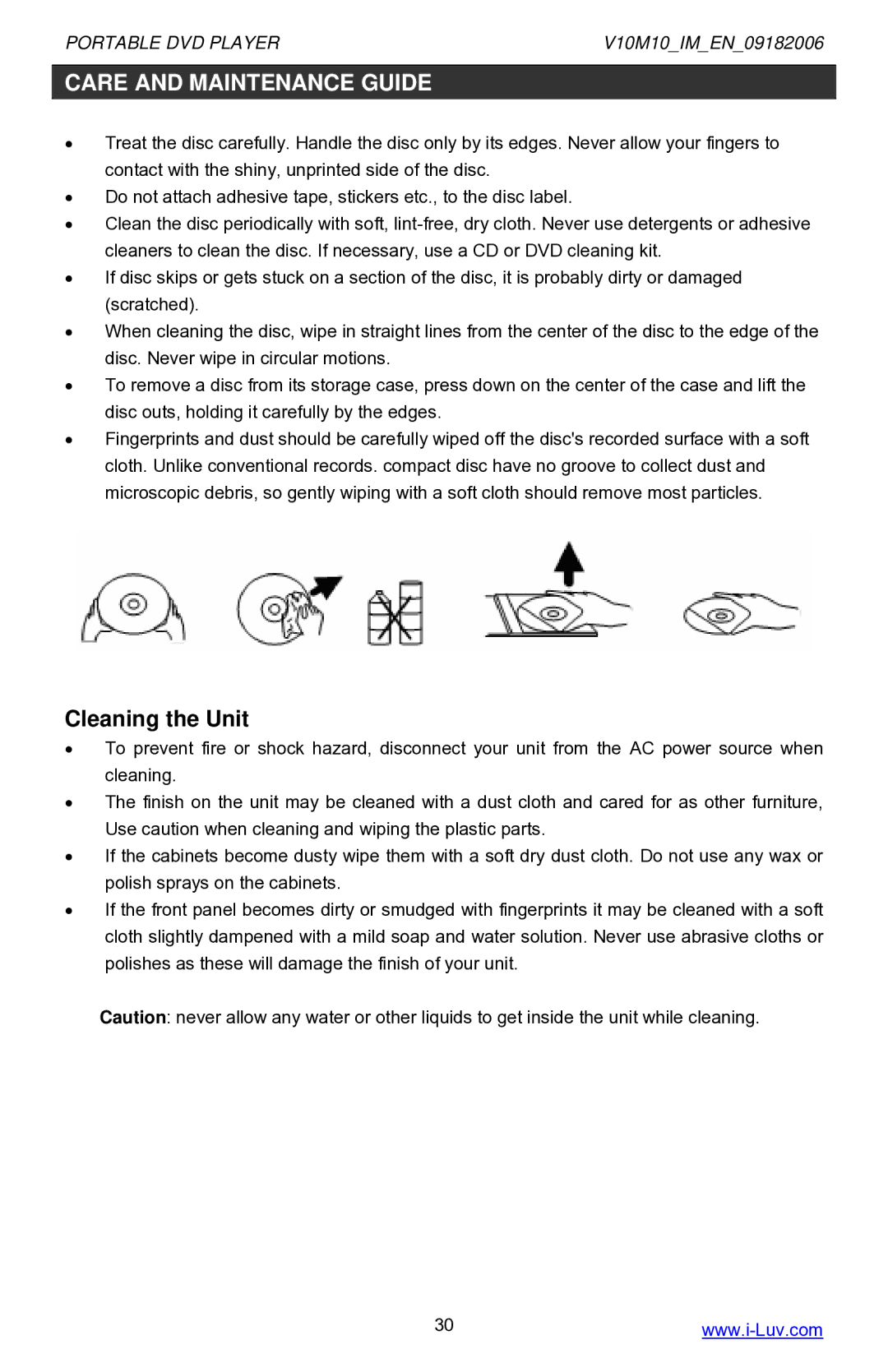 Iluv i1055 instruction manual Care and Maintenance Guide, Cleaning the Unit 