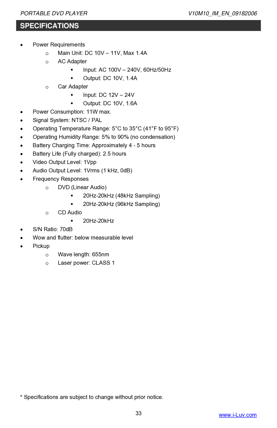 Iluv i1055 instruction manual Specifications 