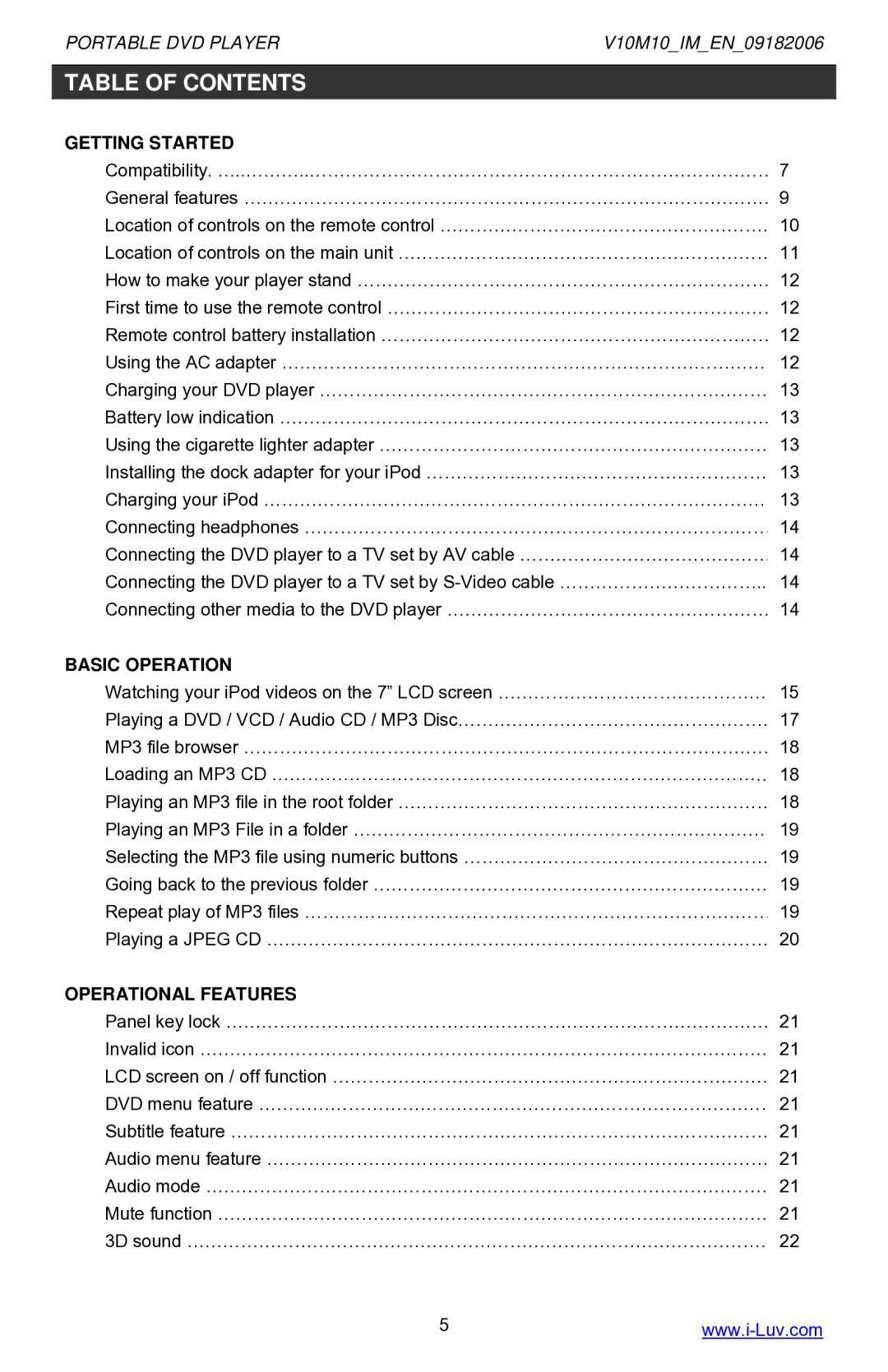 Iluv i1055 instruction manual Table of Contents 