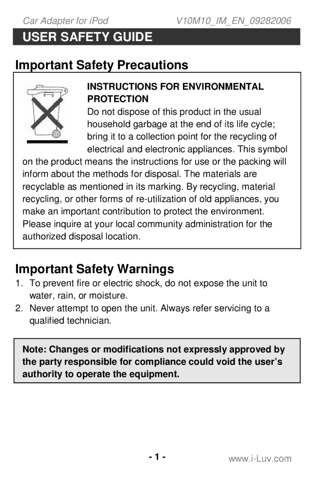 Iluv i109 instruction manual User Safety Guide, Important Safety Precautions, Important Safety Warnings 