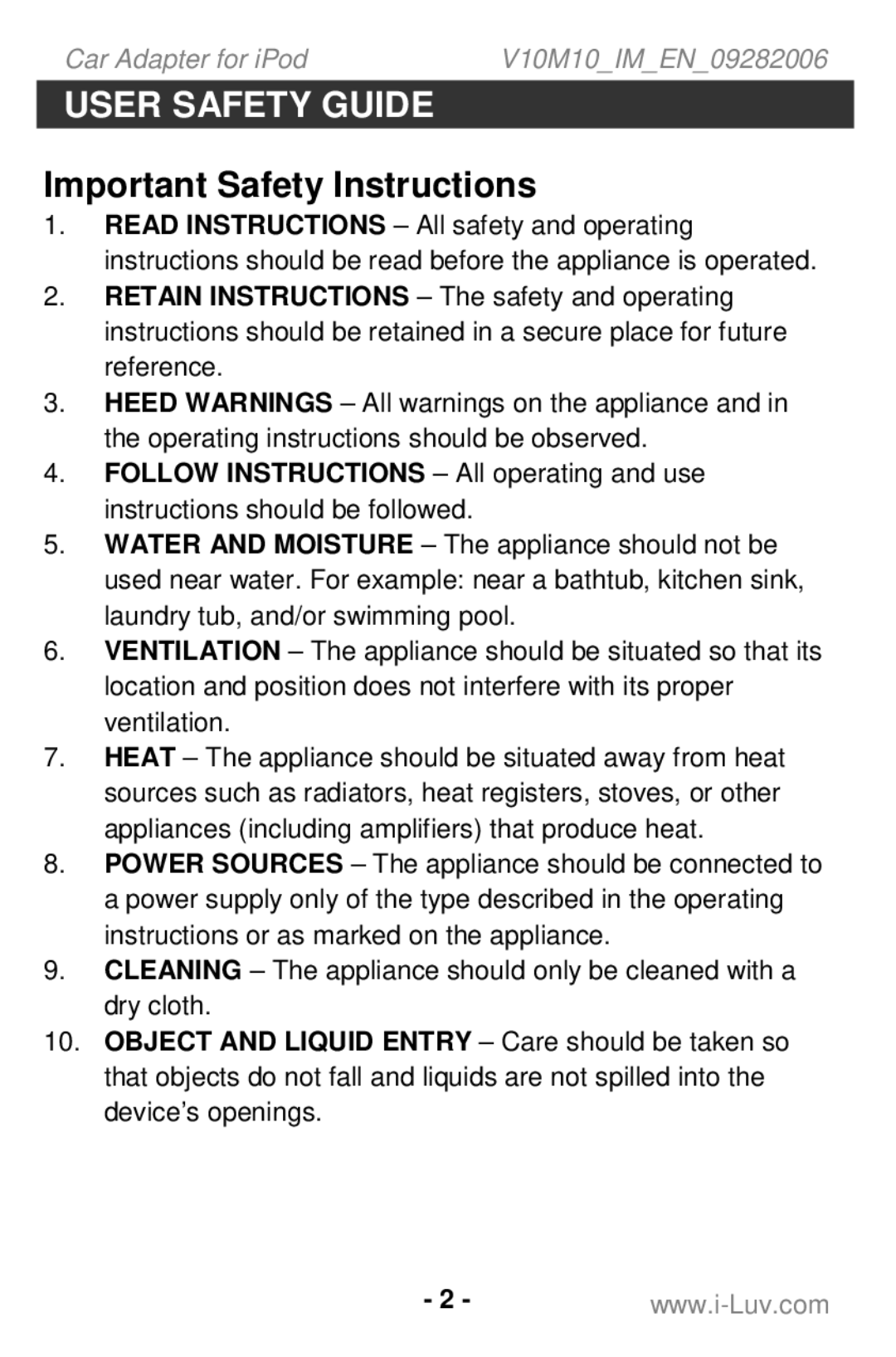 Iluv i109 instruction manual Important Safety Instructions 