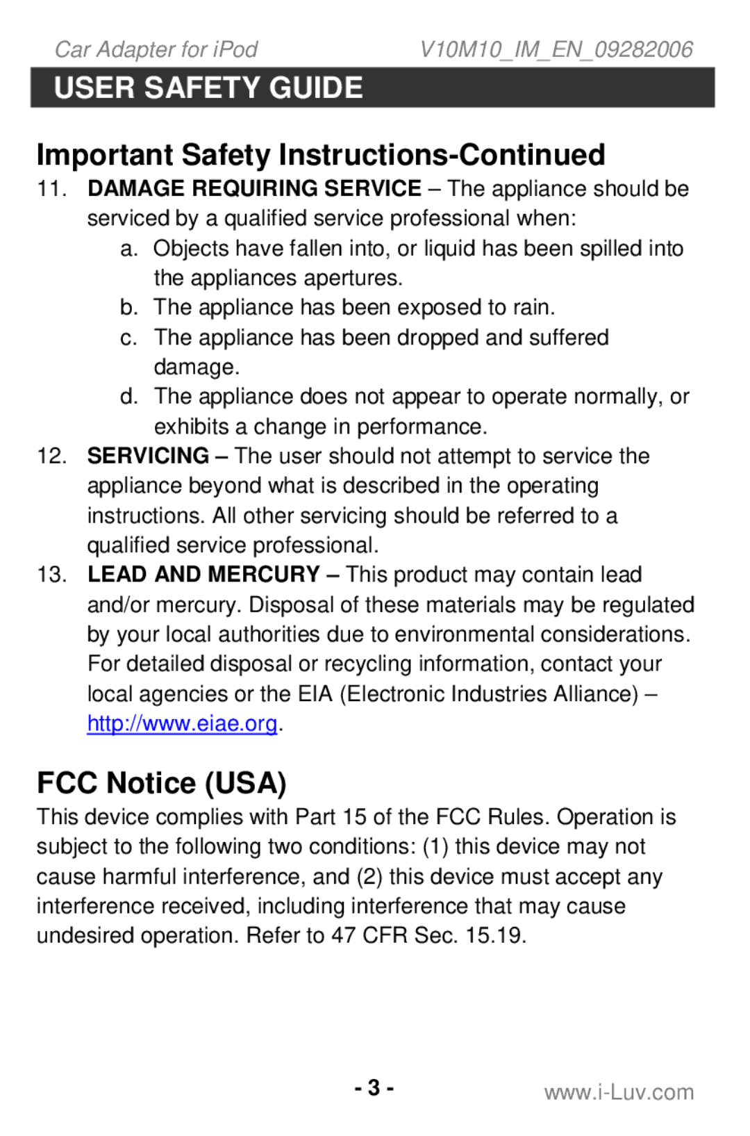 Iluv i109 instruction manual FCC Notice USA 