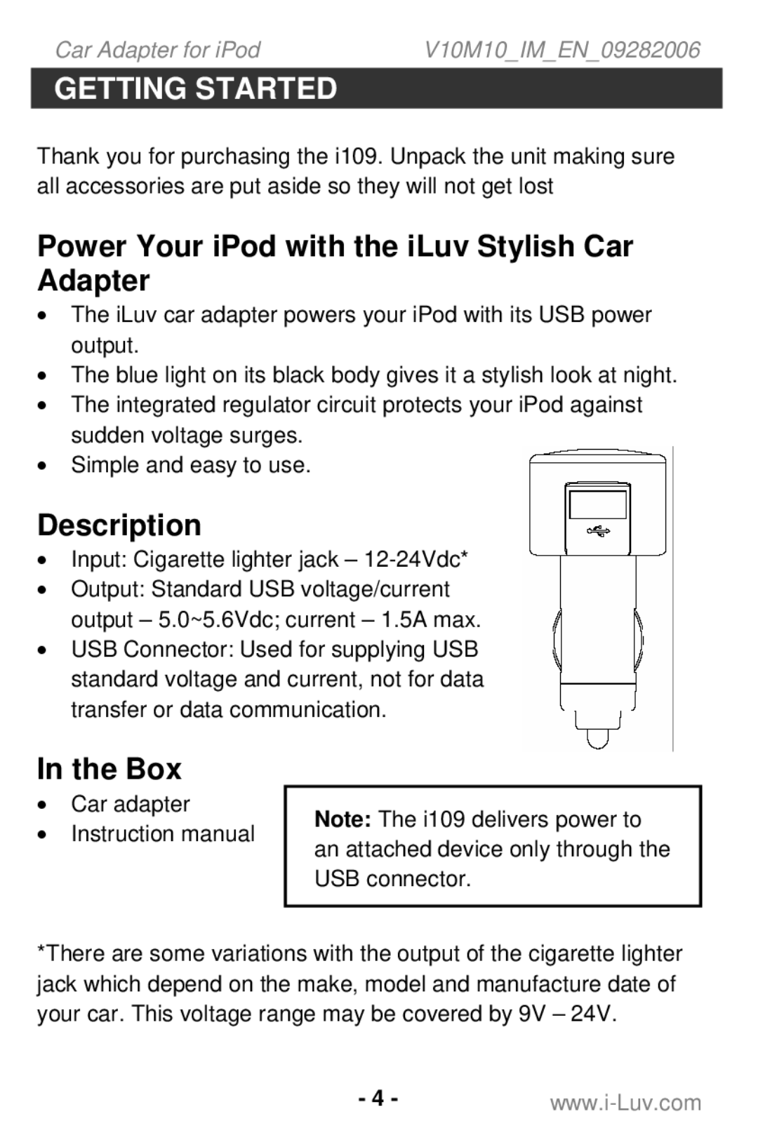 Iluv i109 instruction manual Getting Started, Power Your iPod with the iLuv Stylish Car Adapter, Description, Box 