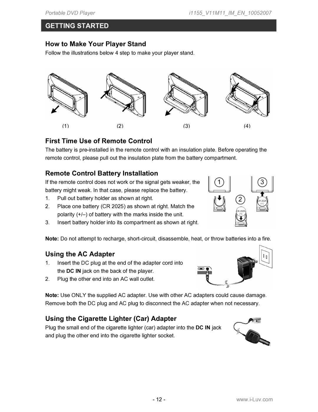 Iluv i1155 How to Make Your Player Stand, First Time Use of Remote Control, Remote Control Battery Installation 