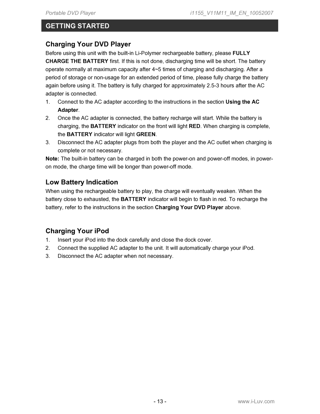 Iluv i1155 instruction manual Charging Your DVD Player, Low Battery Indication, Charging Your iPod 