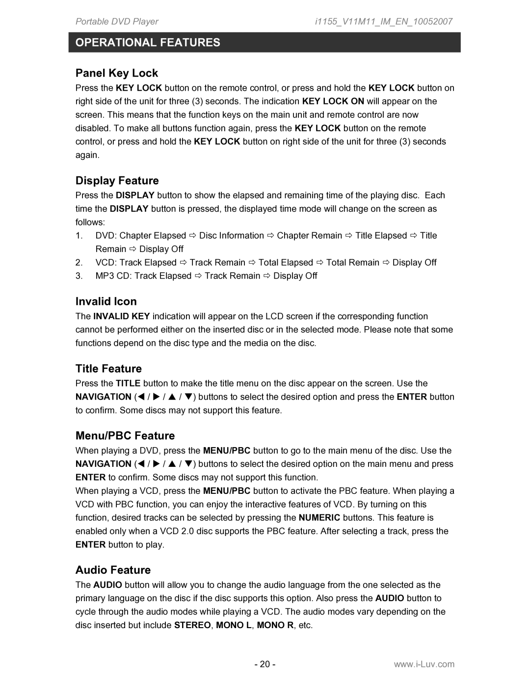 Iluv i1155 instruction manual Operational Features 