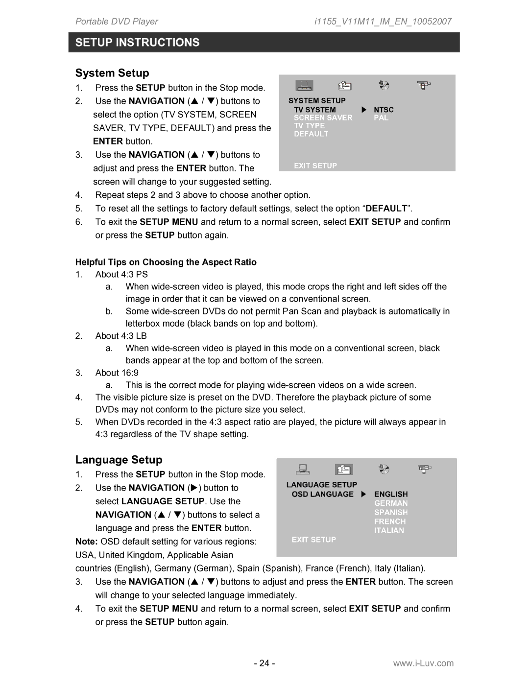 Iluv i1155 instruction manual Setup Instructions, System Setup, Language Setup, Helpful Tips on Choosing the Aspect Ratio 