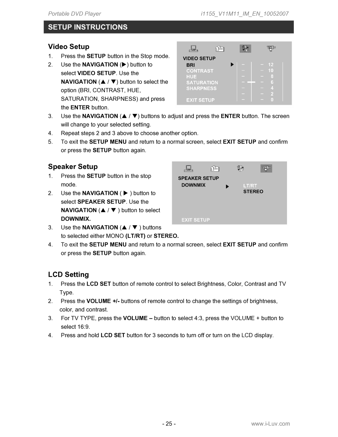 Iluv i1155 instruction manual Video Setup, Speaker Setup, LCD Setting, Downmix 