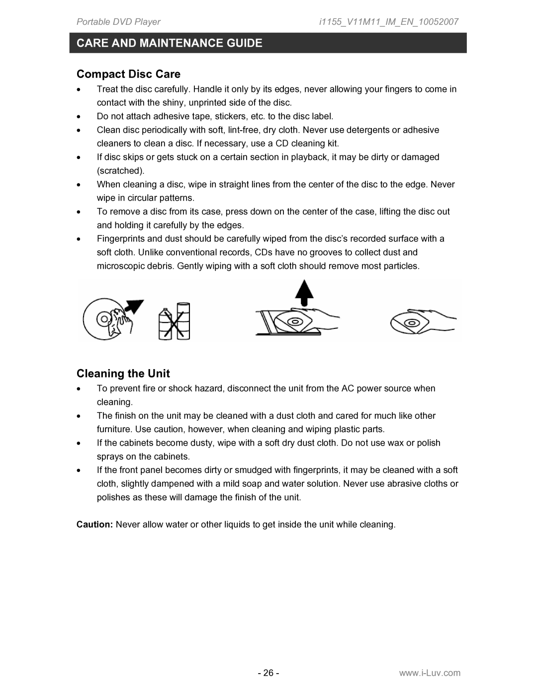 Iluv i1155 instruction manual Care and Maintenance Guide, Compact Disc Care, Cleaning the Unit 