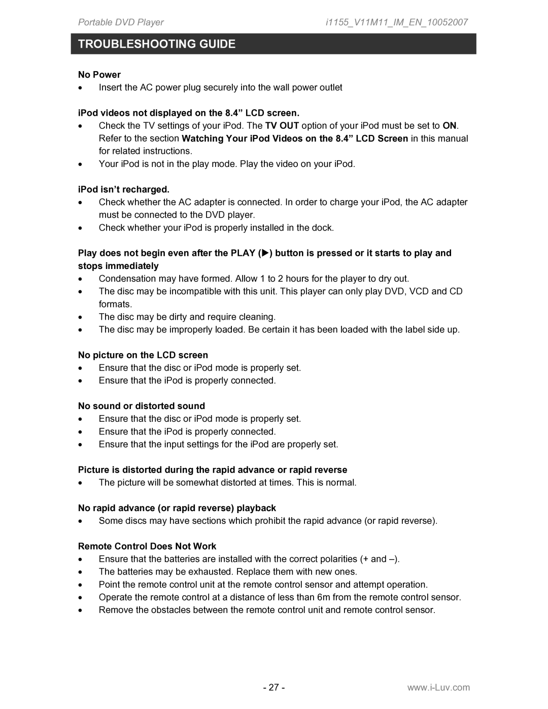 Iluv i1155 instruction manual Troubleshooting Guide 