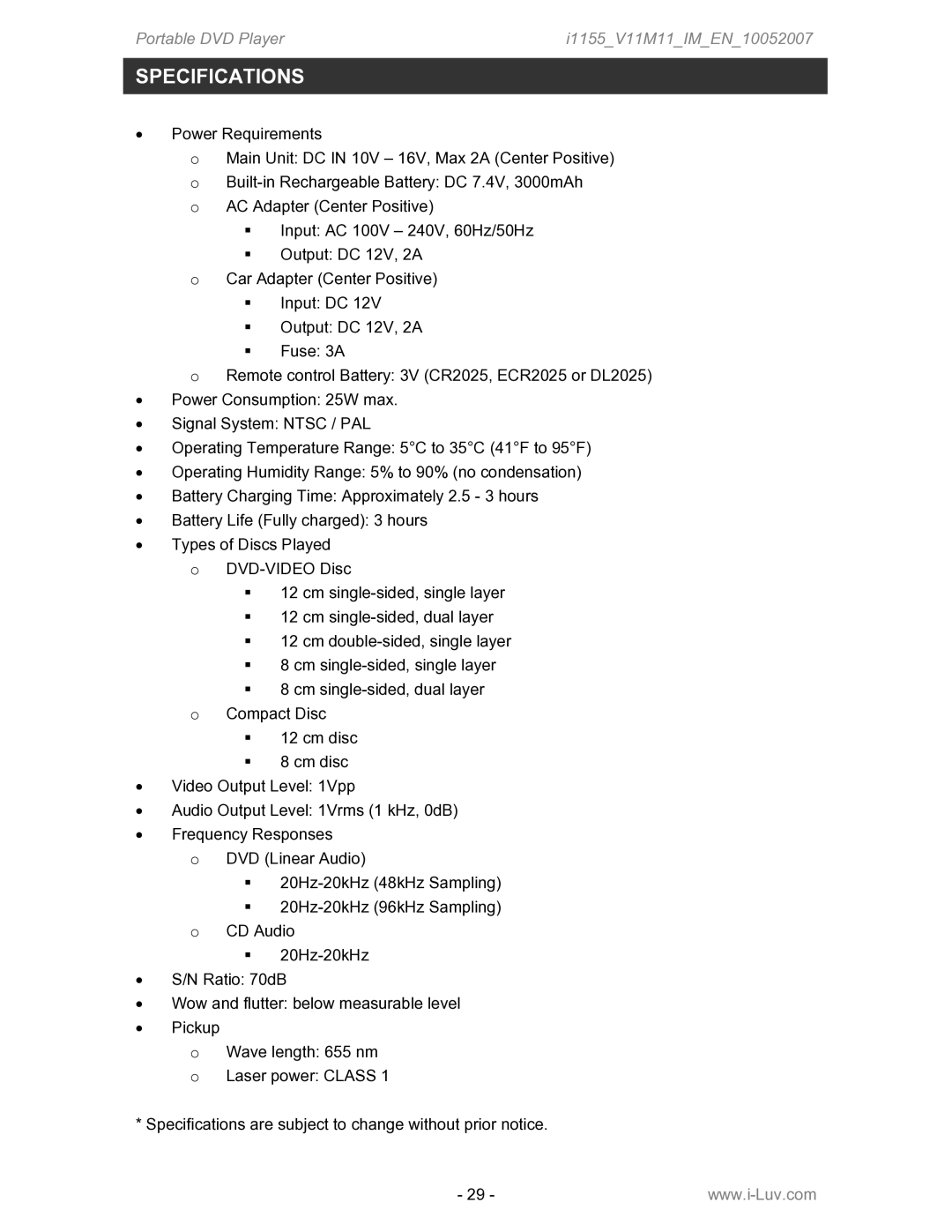 Iluv i1155 instruction manual Specifications, Power Requirements 