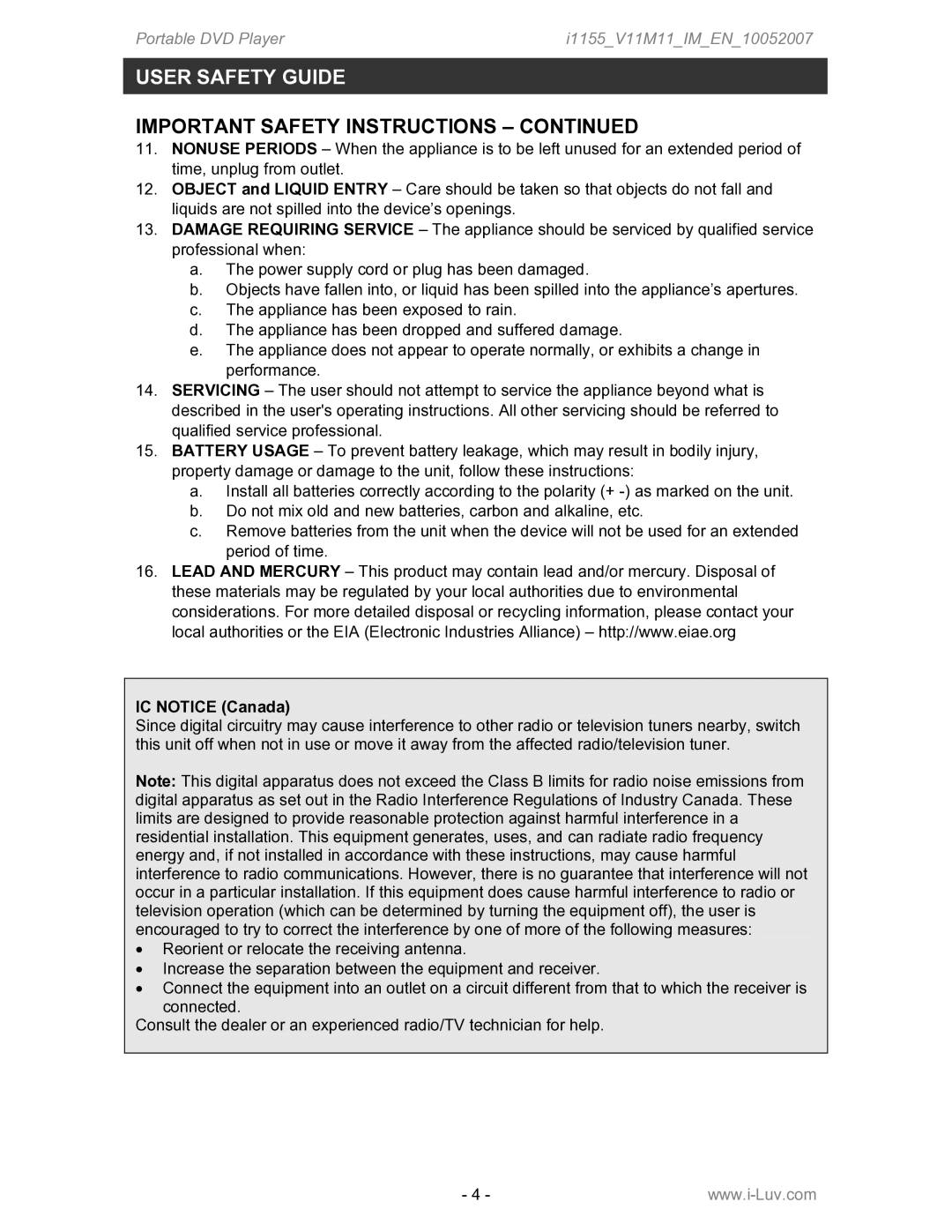 Iluv i1155 instruction manual Important Safety Instructions, IC Notice Canada 