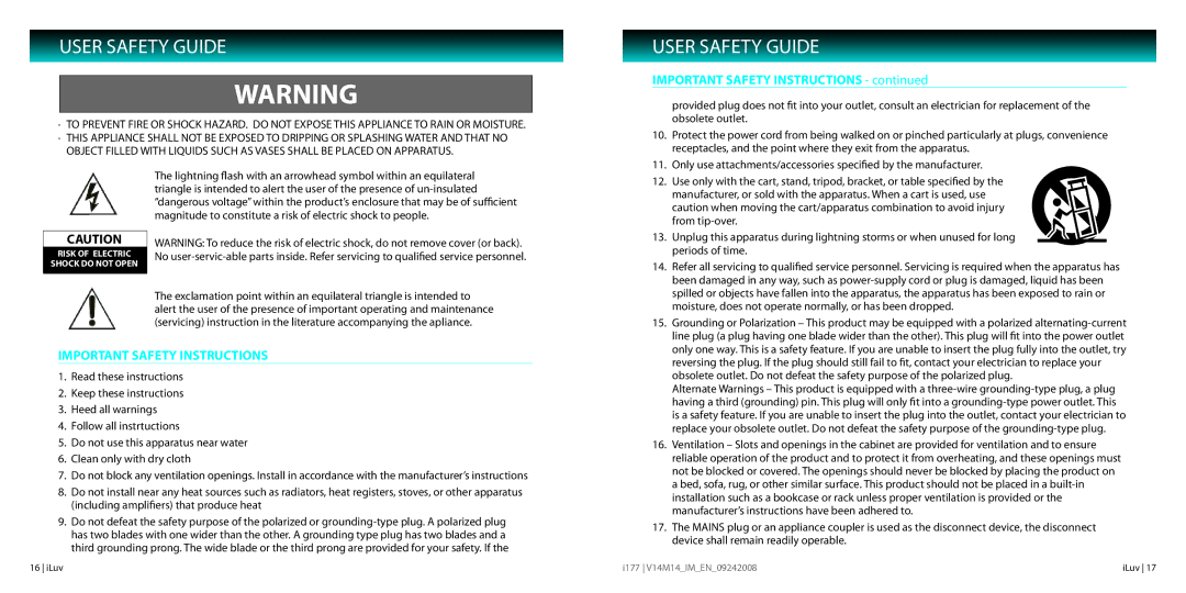 Iluv I177 instruction manual User Safety Guide, Important Safety Instructions 