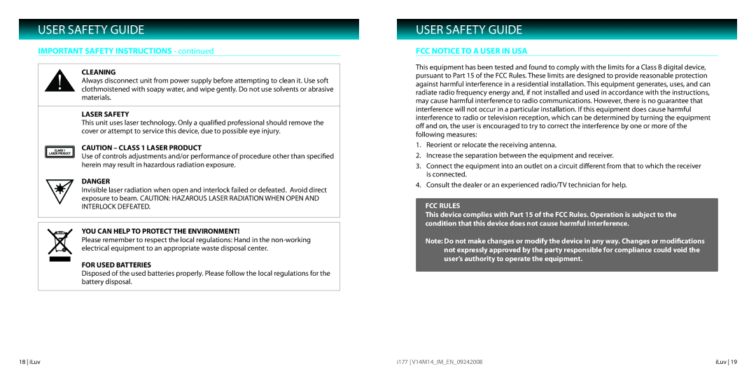 Iluv I177 FCC Notice to a User in USA, Cleaning, Laser Safety, YOU can Help to Protect the Environment, For Used Batteries 